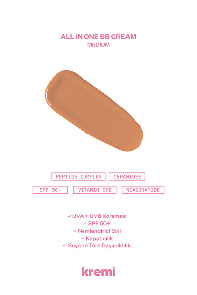 Kremi BB Krem SPF50 Yüksek Kapatıcı, Nemlendirici, Ton Eşitleyici, Aydınlatıcı - Medium (Buğday)50ml