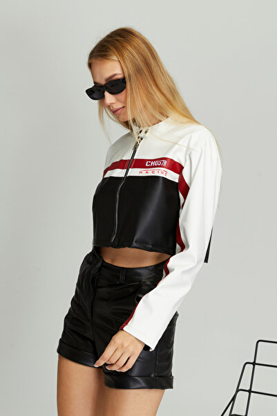 Black Level Palton de curse din piele cu fermoar imprimat pentru motociclist oversize pentru femei