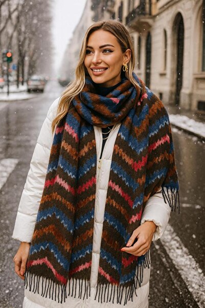 FELLMENS Γυναικείο σάλι με ρίγες μπλε φούντες