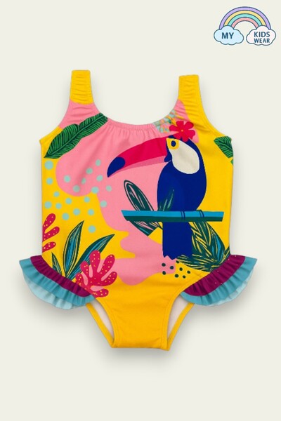 My Kids Wear Kuş Baskılı Tüllü Desenli Kız Çocuk Mayo