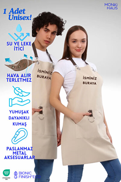 Monki Haus Kişiye Özel Isim Nakışlı Önlük Mutfak Kafe Chef Barista Garson Çiç...