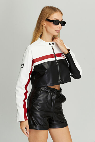 Black Level Palton de curse din piele cu fermoar imprimat pentru motociclist oversize pentru femei