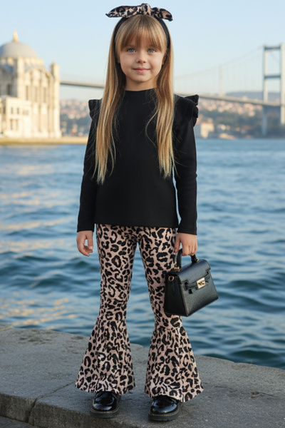 Parla Kids Girl's Leopard Spanish Long Sleeve Top and Bottom Bandana Set
