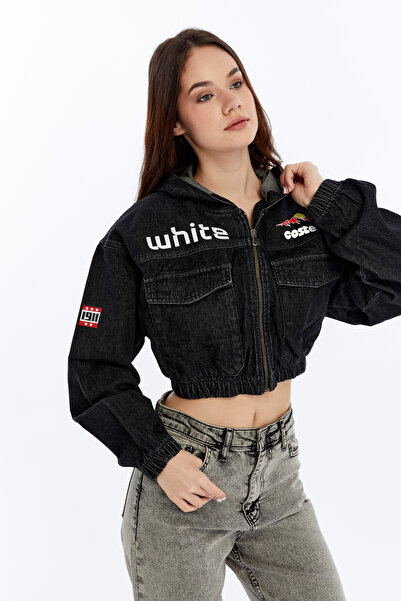 CHOS7N Kadın Baskılı Kapüşonlu Kot Ceket Ön Büyük İki Cep Bel Ve Kol Lastikli...