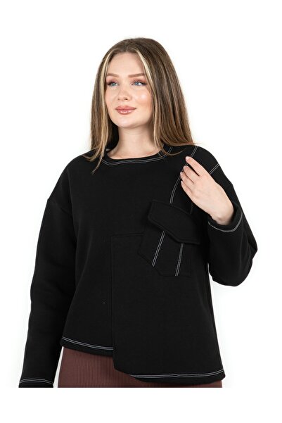 Sortie Women's Black Color Pocketed Crew Neck Three Thread Ribbed Midi Length Asymmetrical Sweatshirt