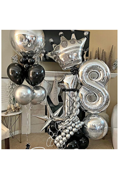 Toyska Set 10 Baloane din Latex Chrome, Model Party, 23 cm, Negru Argintiu