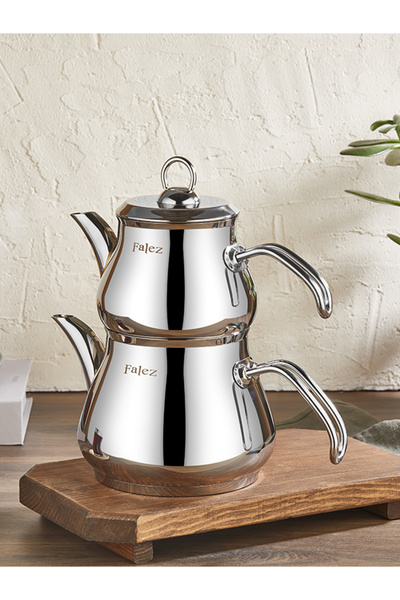 FALEZ Irmak Steel Handle Medium Size Steel Teapot Set