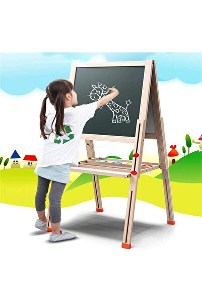 Toyska Tabla educativa din lemn, reglabila, pentru desenat si scris, 2 fete, tip sevalet, 148 cm