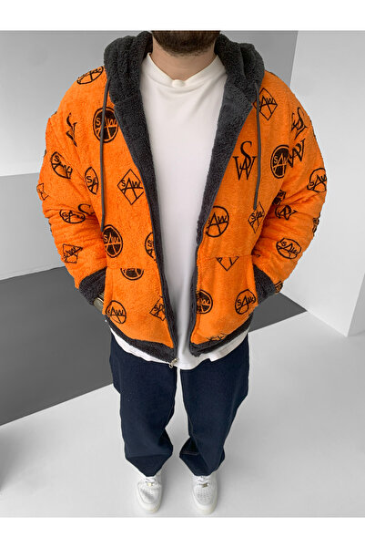 Saw Πορτοκαλί Παλτό Διπλής Όψης Χοντρό Λούτρινο
