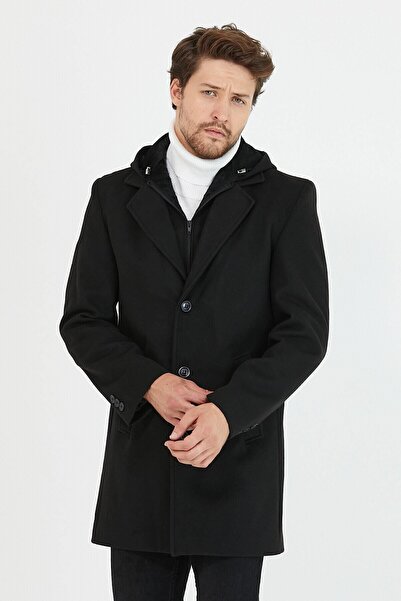 Mero Life Ανδρικό μαύρο παλτό με κουκούλα με φερμουάρ και κουμπιά μακρύ κασετίνι