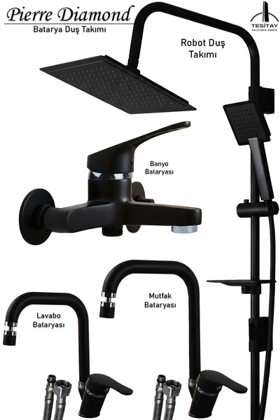 tesitay Siyah Lavabo Banyo Mutfak Bataryası Ve Robot Duş Siyah Banyo Seti Arm...