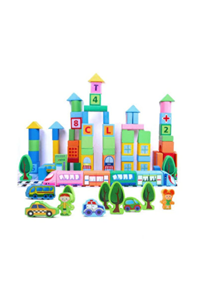 Beilaluna Set cuburi de construit din lemn, 100 piese, Smart Town Blocks