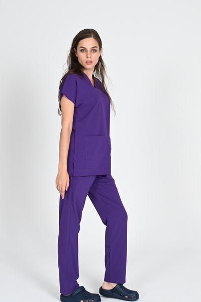 BAŞAK Likralı Pamuk Scrubs Yarasakol Doktor Hemşire Forma Takımı Mor