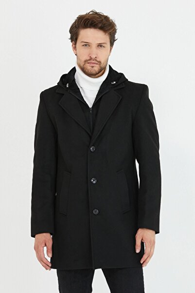 Mero Life Ανδρικό μαύρο παλτό με κουκούλα με φερμουάρ και κουμπιά μακρύ κασετίνι