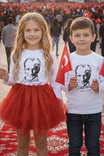 Kübra Tekstil Tricou alb cu mânecă lungă cu imprimeu Atatürk pentru ziua Repu...