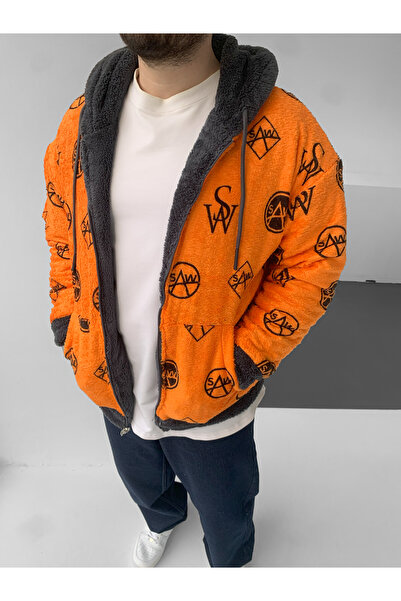 Saw Πορτοκαλί Παλτό Διπλής Όψης Χοντρό Λούτρινο