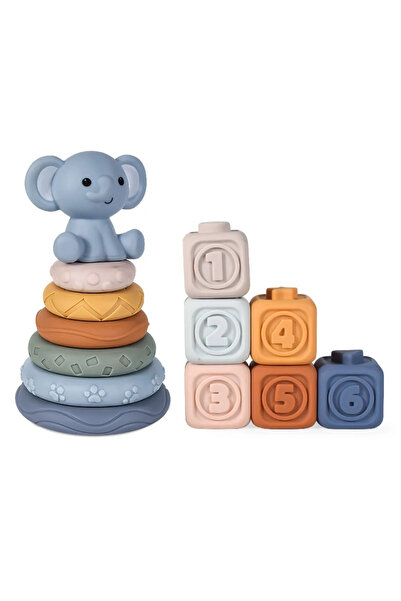Toyska Set Cuburi moi si Turn cu inele Elefant, multicolor