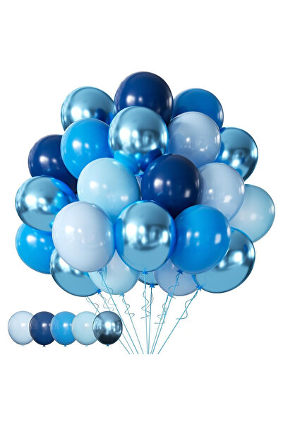 Toyska Set of 10 Chrome Latex Balloons, Party Model, 23 cm, Different Shades of Blue