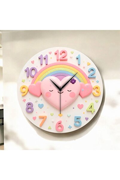 AA Shop Renkli Baskı Kalp Çocuk Desenli Sayılı Yılbaşı Hediyelik Ahşap Sessiz Tablo Duvar Saati