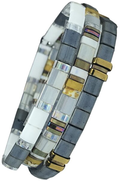 NAZLI TAKILAR مجموعة من 3 أساور مصنوعة يدويًا من خرز زجاجي ميوكي تيلا المرن ب...