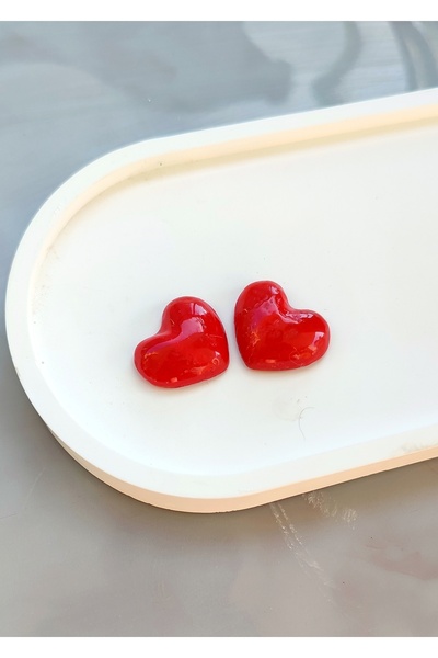 Atölye Myth Eternal Love El Yapımı Kırmızı Parlak Özel Tasarım Yan Kalp Küpe - Zarif ve Şık