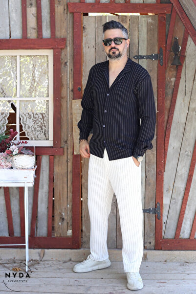 Nyda Collections Men's Crepe Fabric Striped Lycra Oversize Long Sleeve Shirt with Pockets Elastic Waist Lace-Up Trousers Set