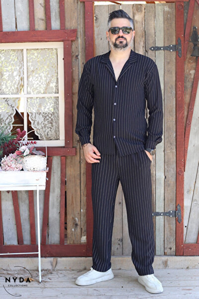 Nyda Collections Men's Crepe Fabric Striped Lycra Oversize Long Sleeve Shirt with Pockets Elastic Waist Lace-Up Trousers Set