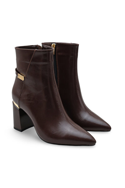 Women Lay-z Γυναικείες μπότες με τακούνι με μυτερή μύτη καφέ ρυτιδωμένο χρυσό με λεπτομέρεια 8,5 εκ. Παχύ τακούνι Κομψό μοντέρνο σχέδιο