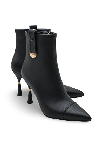 Women Lay-z Γυναικείες μαύρες μπότες με τακούνι – Τόμος εφέ δέρματος , Λεπτό τακούνι 9,5 εκ., Χειμερινό μοντέλο με χρυσή αγκράφα