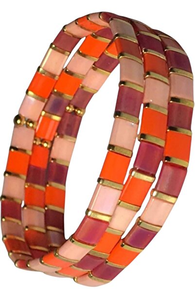 NAZLI TAKILAR مجموعة من 3 أساور مصنوعة يدويًا من الخرز الزجاجي المرن من ميوكي تيلا بألوان برتقالية ووردية |   أسلوب بوهو