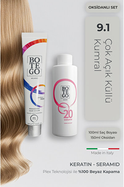 botegohair Profesyonel Krem Saç Boyası - 9.1 Çok Açık Küllü Kumral 100 ml - 2...