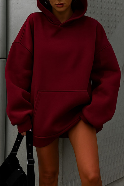 GUARAZ Бургунди унисекс суитшърт с качулка от мека материя с поларна подплата