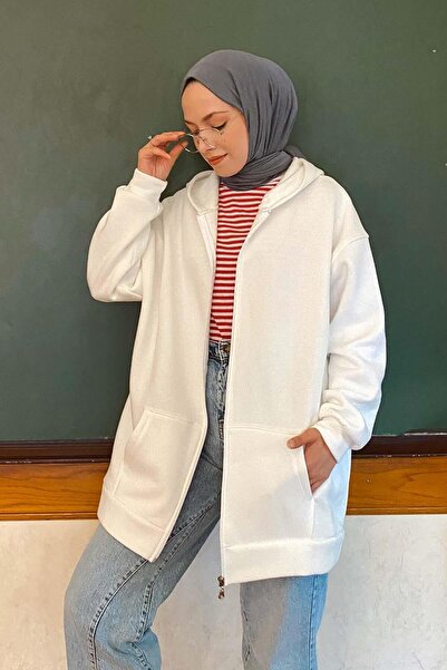 lamelif Ön Fermuar Detaylı Hırka Beyaz