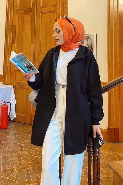 lamelif Front Zipper Detailed Cardigan Black