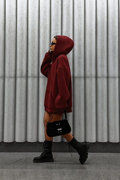 GUARAZ Μπλουζάκι με κουκούλα με φλις εσωτερικά, με μαλακό ύφασμα, υπερμεγέθη, μπορντό, unisex