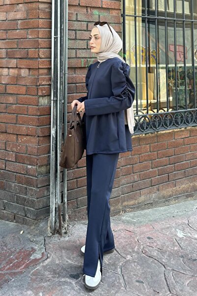 lamelif Flounce Detailed Double Scuba Suit Navy Blue