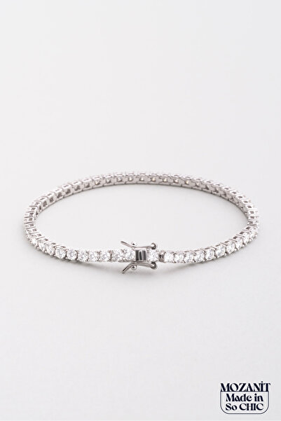 So CHIC... Mozanit Zarafeti 18 Ayar Beyaz Altın Kaplama 19 Cm Gümüş Bileklik