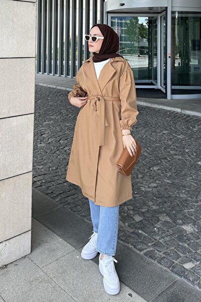 lamelif Camel Trench Coat - Elastic Sleeve Detail