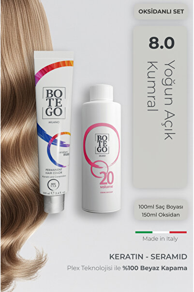 botegohair Profesyonel Krem Saç Boyası - 8.0 Yoğun Açık Kumral 100 ml - 20 Vo...