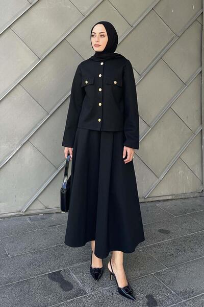 lamelif Covered Gold Button Detailed Hijab Suit Black