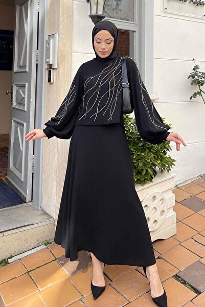 lamelif Premium Stone Detailed Skirted Hijab Suit Black