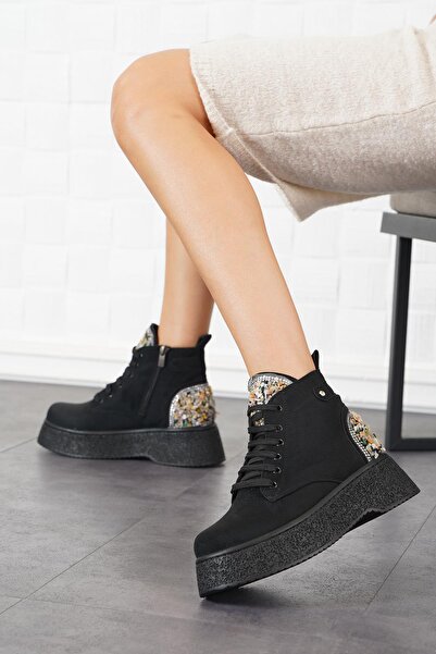 Moda Pie Μαύρο Σουέτ Γυναικείο Αρβύλες - Dina Δεμένο και Στρωμένο με Πέτρες