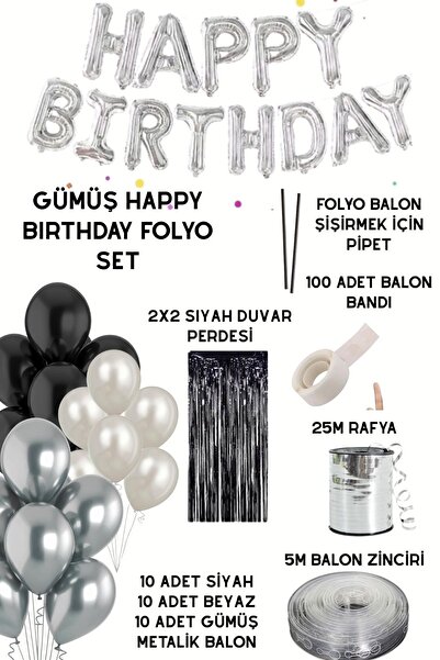 Baloncu Nene Happy Birthday Foil Set Black White Silver Balloon Party Birthday Decoration Set