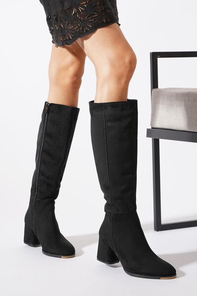 Moda Pie Heper Parçalı Kadın Topuklu Çizme Siyah Süet