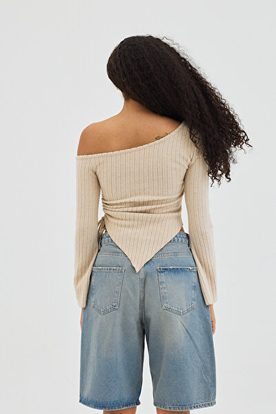 Eco Sense Asymmetrical Cut Ribbed One Shoulder Stylish Blouse - Beige