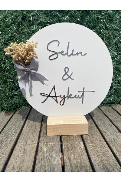 RetroLazer Ahşap, Çiçekli, Süslü, Gümüş Pleksi Söz Nişan Masa Üstü İsimlik Gü...