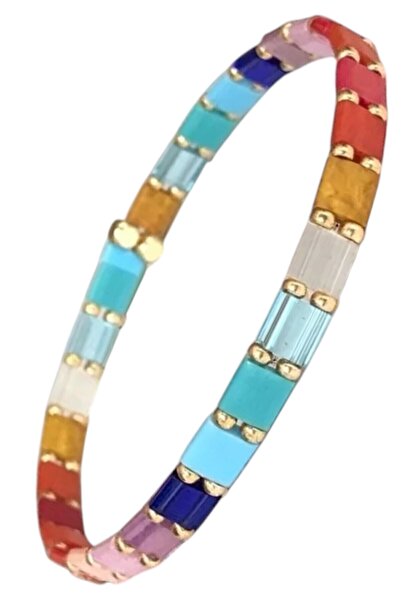 Summer Colors, Bead Detailed, Miyuki Tila Bracelet - Elastic Design, Handmade