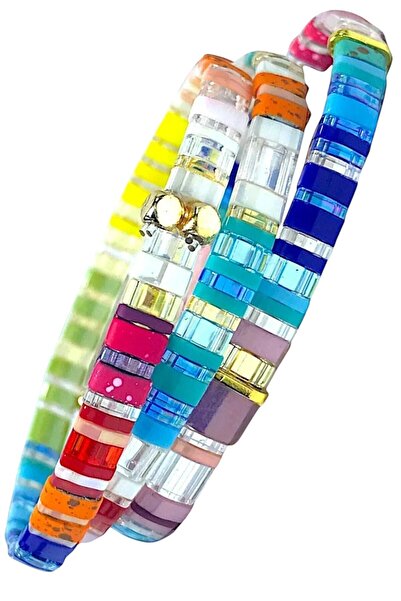 NAZLI TAKILAR مجموعة من 3 أساور مصنوعة يدويًا من الخرز الزجاجي المرن من ميوكي...