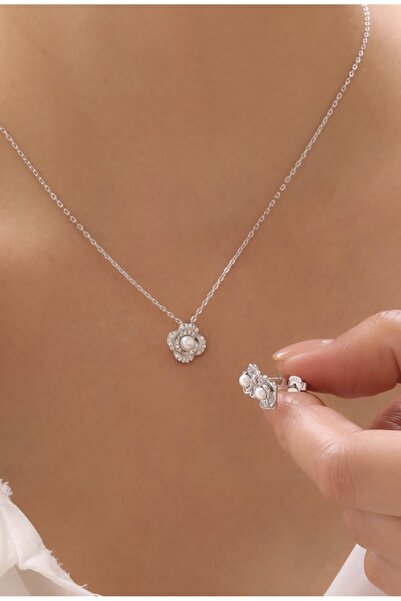 nuun silver 925 Ayar Zirkon Taşlı İnci Çiçeği Kolye ve Küpe Set