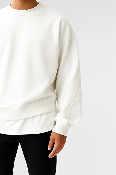 GUARAZ Λευκό ανδρικό φούτερ με λαιμόκοψη Oversize με φλις μέσα, χοντρή και μαλακή υφή Basic